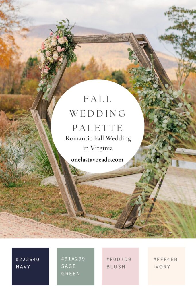 Romantic fall wedding palette featuring navy, sage green, blush, and ivory.