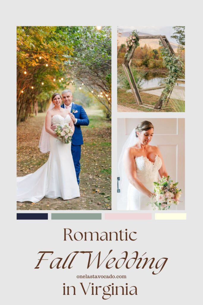 Romantic fall wedding in Virginia, featuring a navy, sage green, pink, and ivory color palette. 3 pictures, 1 of a bride and groom with fall foliage and twinkling lights behind them, 1 of a wedding arbor with flowers on it, and one of the bride looking at her bouquet.