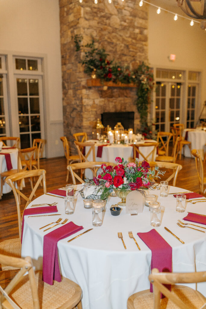 Garden-inspired wedding guest tables with colorful floral centerpieces in Crozet Virginia