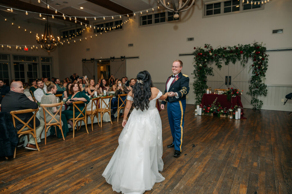 Layered winter floral installation framing sweetheart table at King Family Vineyards wedding