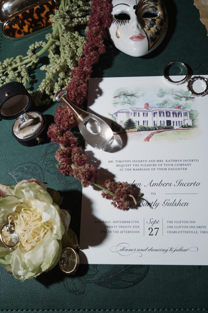 Wedding floral details photographed at The Clifton Charlottesville estate venue