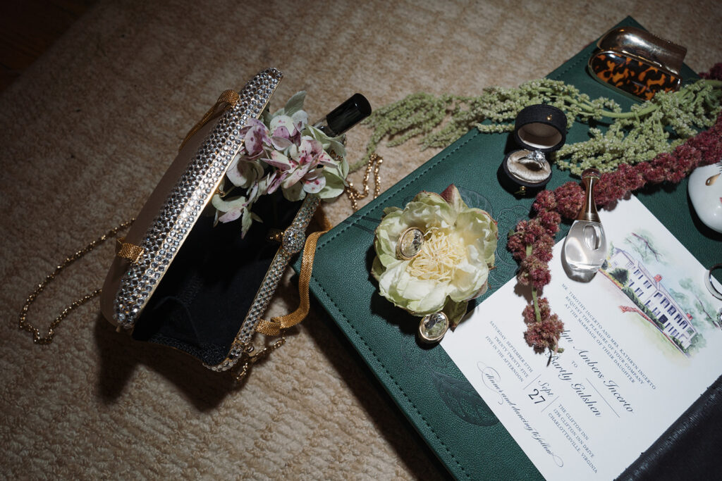 Wedding floral details photographed at The Clifton Charlottesville estate venue