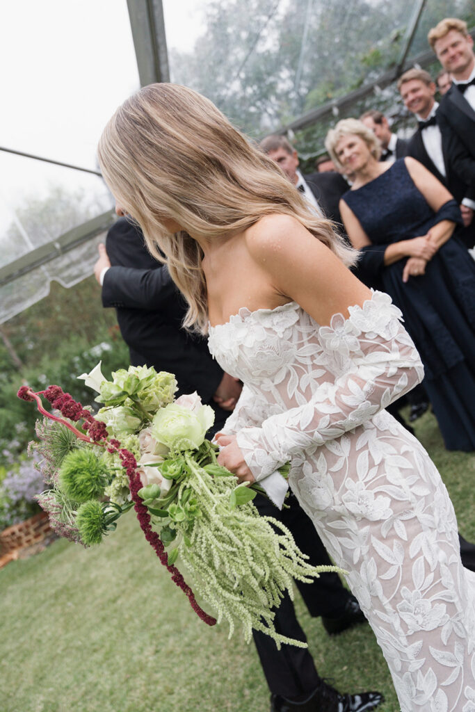 Fine art bridal bouquet photographed at The Clifton Charlottesville featuring modern structural wedding flowers