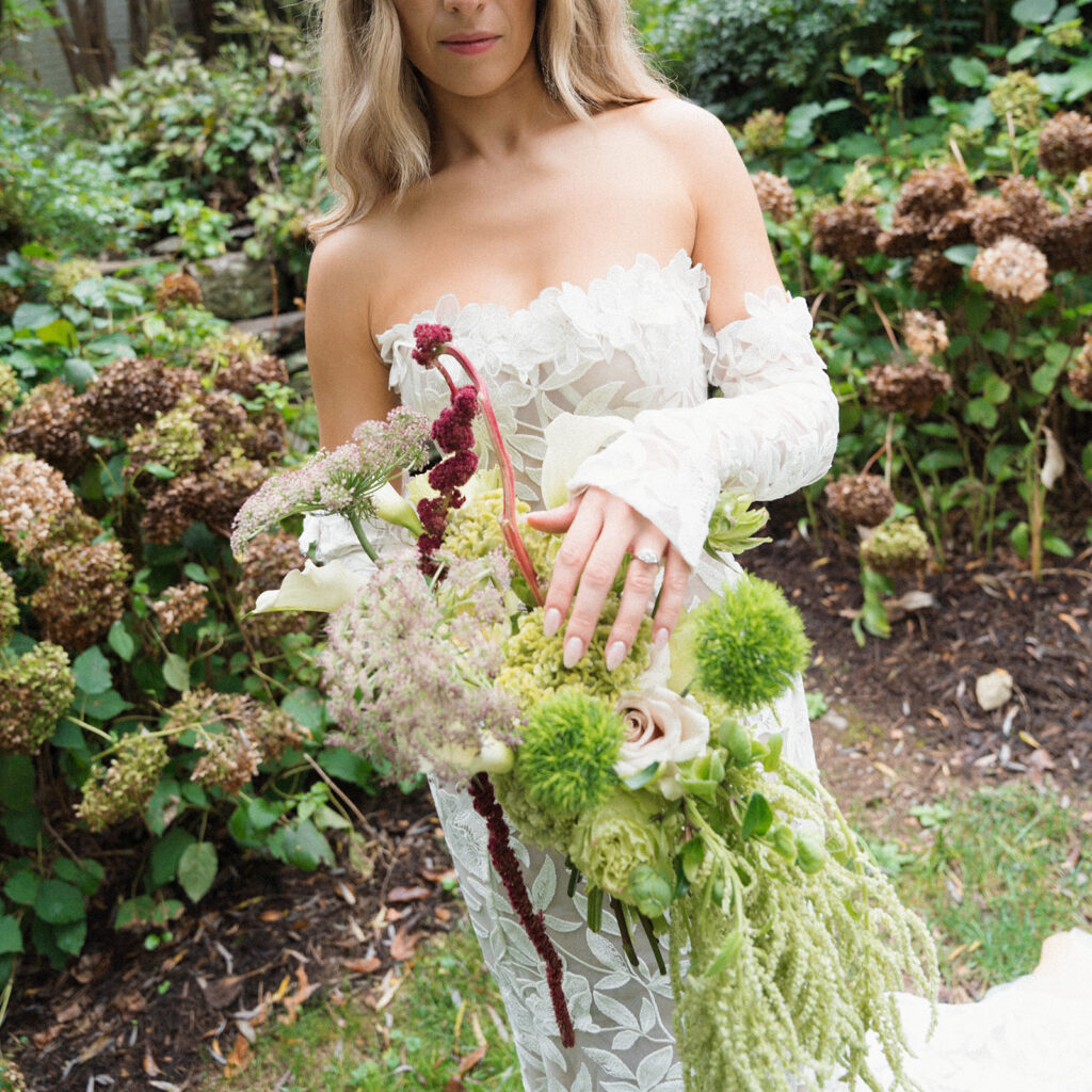 Fine art bridal bouquet photographed at The Clifton Charlottesville featuring modern structural wedding flowers