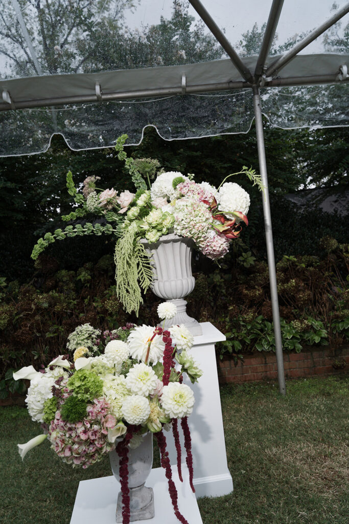 Large-scale floral installation with cascading amaranthus and modern hydrangea groupings at The Clifton Charlottesville