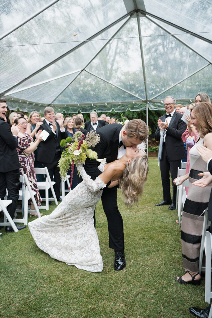 Editorial wedding floral design with hydrangeas, dahlias, and cascading amaranthus at The Clifton