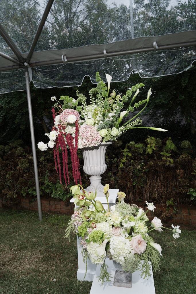 Large-scale floral installation with cascading amaranthus and modern hydrangea groupings at The Clifton Charlottesville