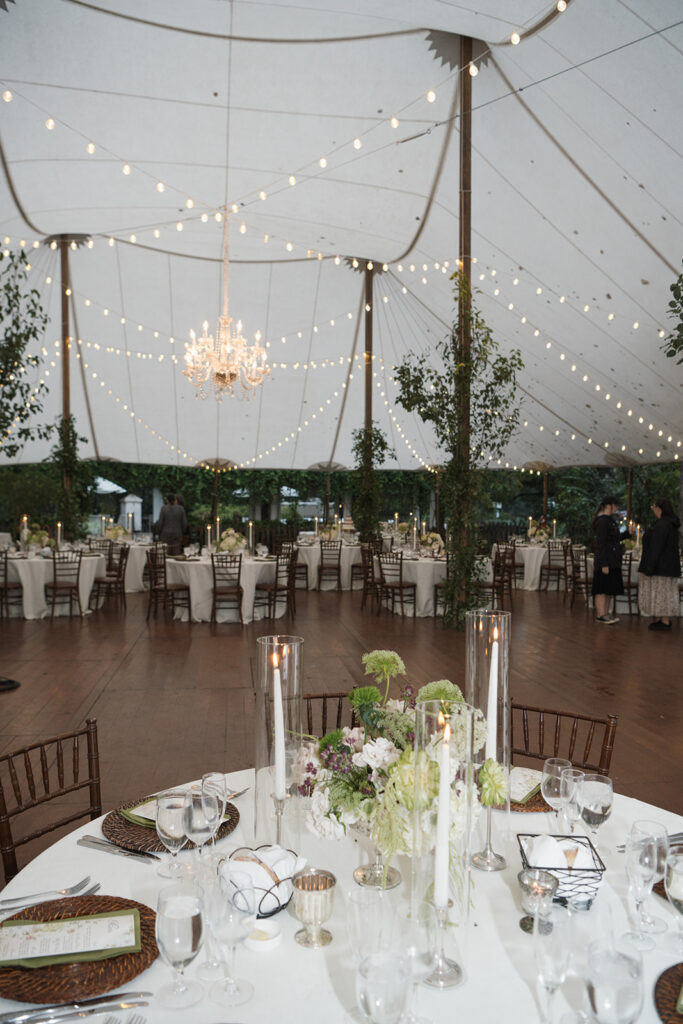 Structural greenery installations with live trees, hanging amaranthus, and hydrangea floral design at The Clifton wedding