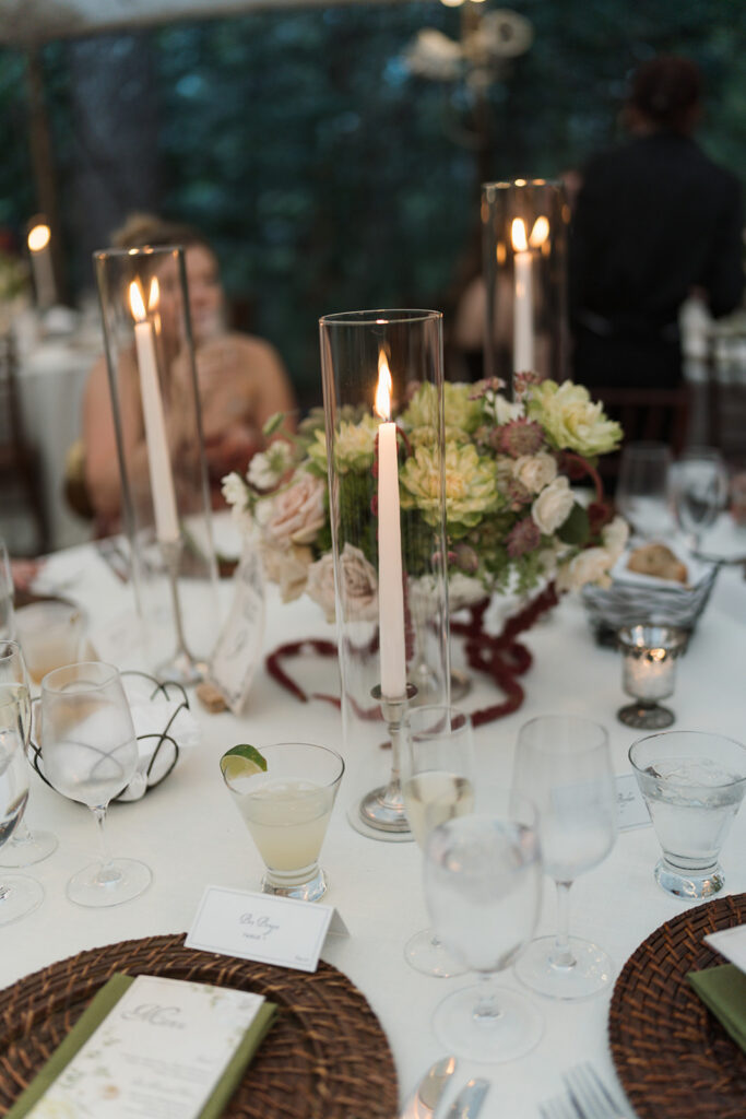 Reception floral design with elevated centerpieces featuring hydrangeas and burgundy dahlias at The Clifton wedding in Virginia