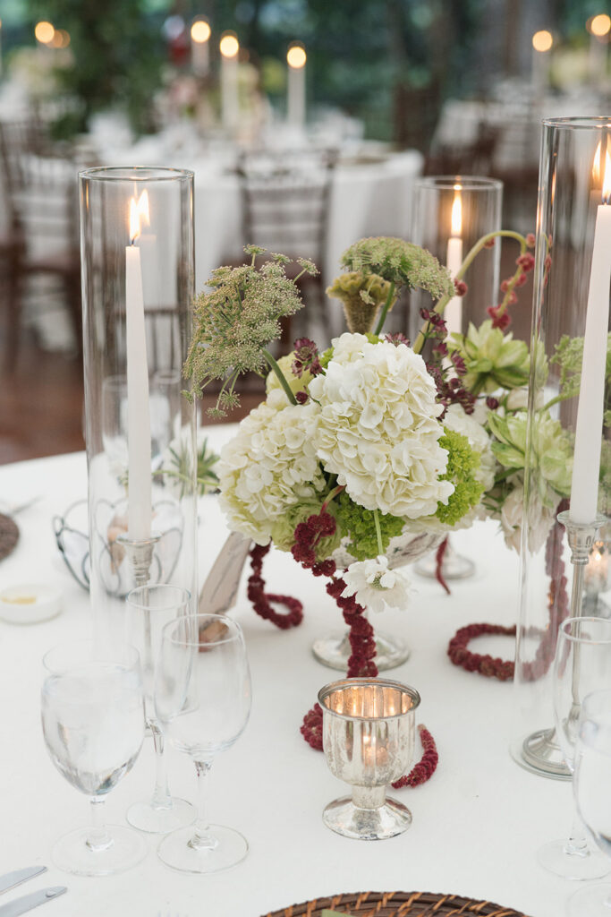 Modern reception tablescape with hydrangeas, dahlias, and sculptural calla lilies at The Clifton Charlottesville wedding