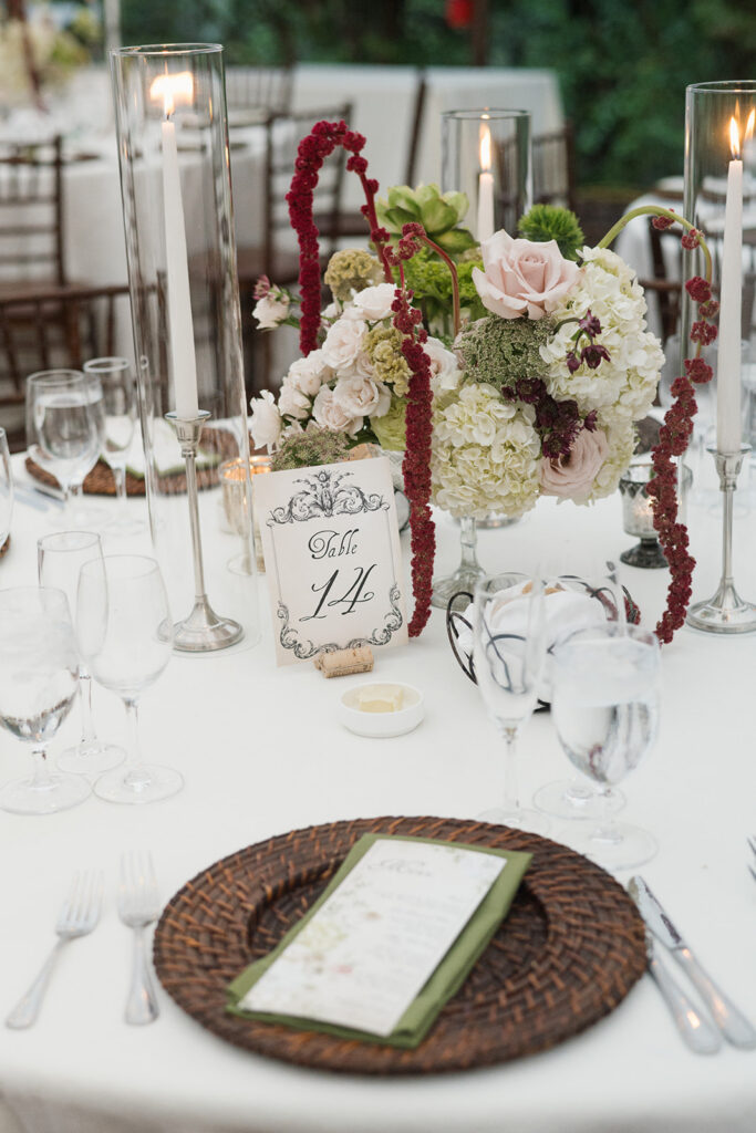 Contemporary wedding tablescape with editorial floral centerpieces at The Clifton Charlottesville VA