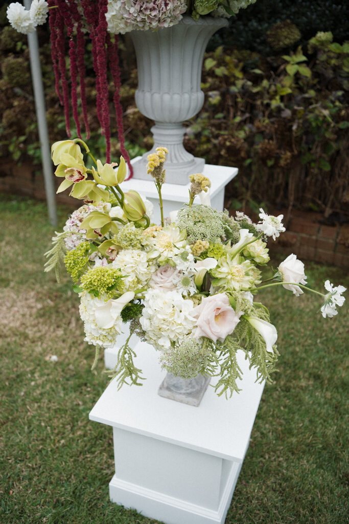 Structural floral design with hydrangeas, amaranthus, dahlias, and calla lilies, and orchids, for luxury Charlottesville wedding
