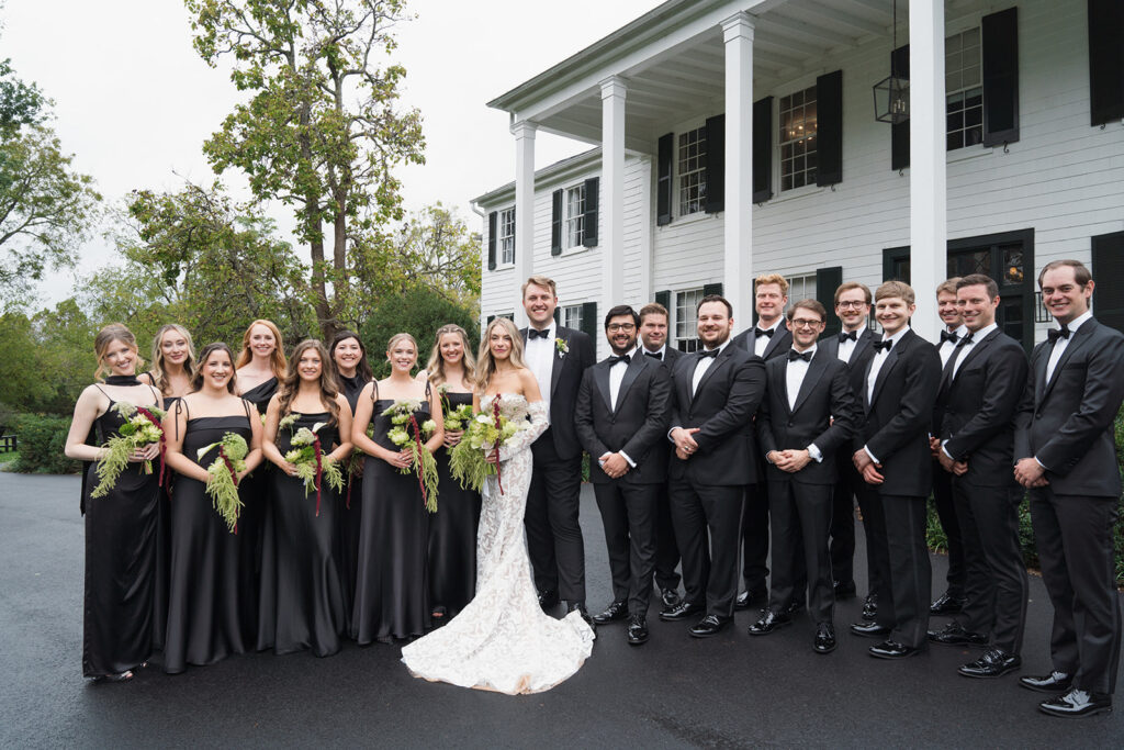 Bridal party portraits featuring editorial wedding florals with dahlias and calla lilies at The Clifton Charlottesville