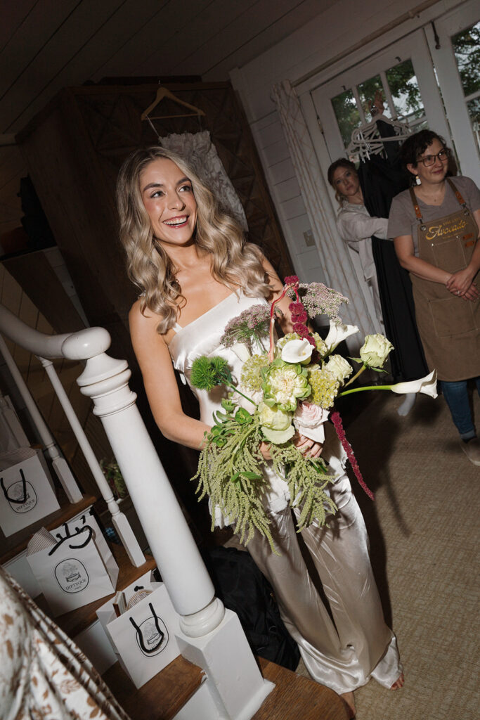 Bridal party portraits featuring editorial wedding florals with dahlias and calla lilies at The Clifton Charlottesville